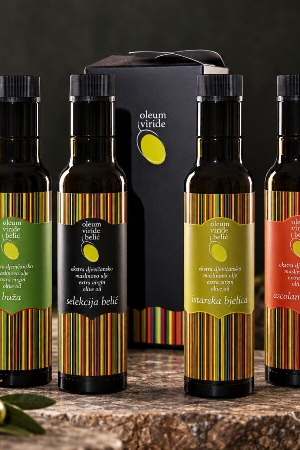 Oleum Viride Belic Cadeauset – 4 × 250 ml Bekroonde Extra Vierge Olijfolie uit Istrië