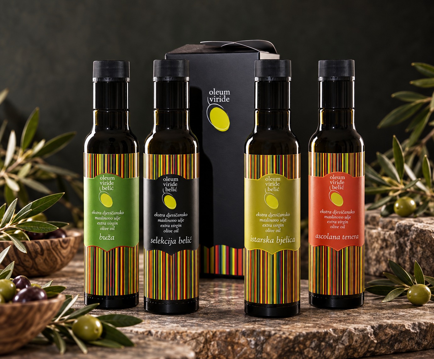 Oleum Viride Belic Cadeauset – 4 × 250 ml Bekroonde Extra Vierge Olijfolie uit Istrië